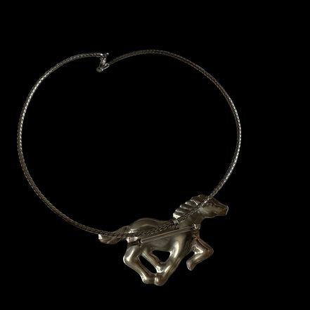 Vintage Taxco Sterling Silver Running Horse Pendant/Brooch with Solid Sterling Woven Collar Necklace