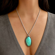 Aqua Colored Turquoise and Sterling Pendant on Rope Chain, Signed