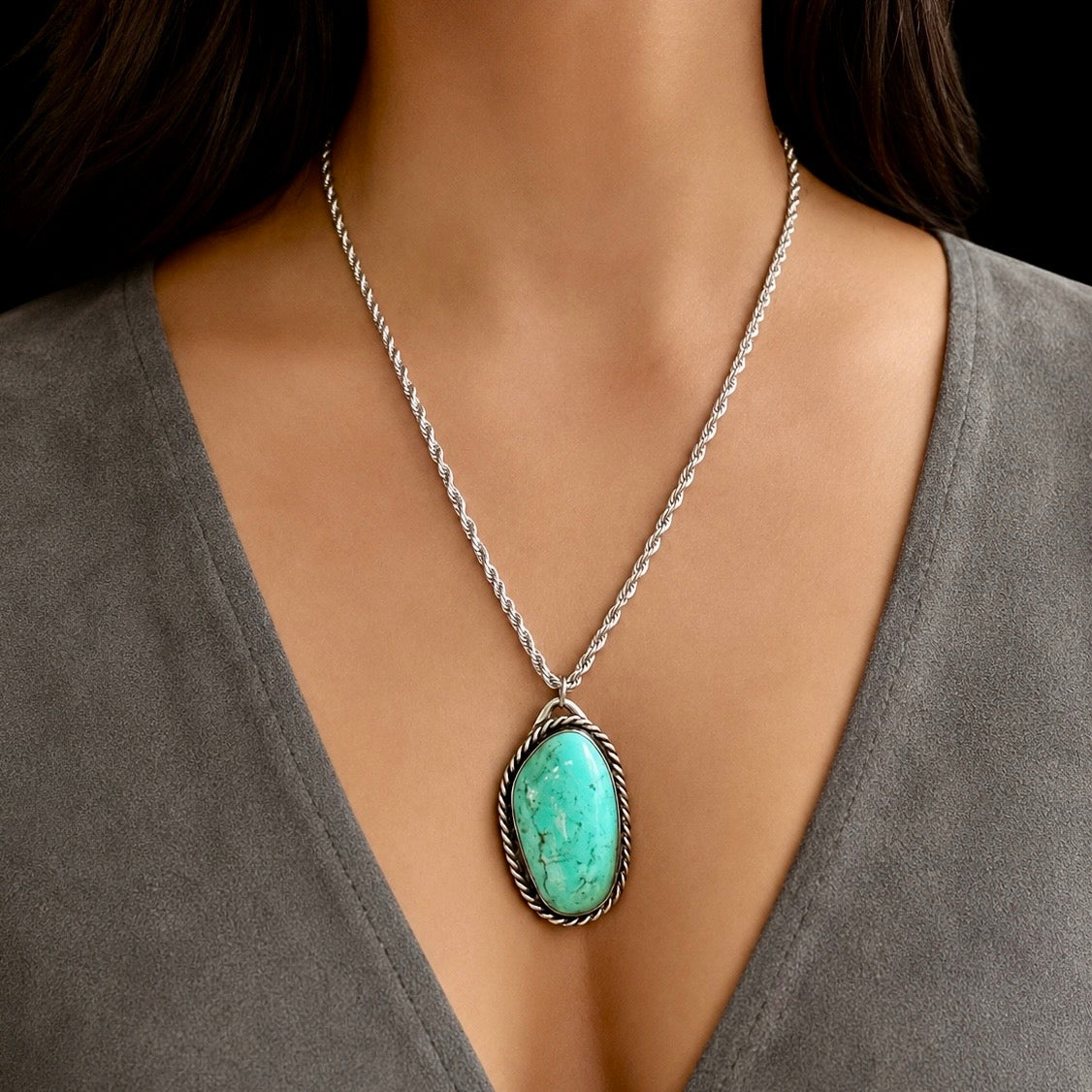 Aqua Colored Turquoise and Sterling Pendant on Rope Chain, Signed