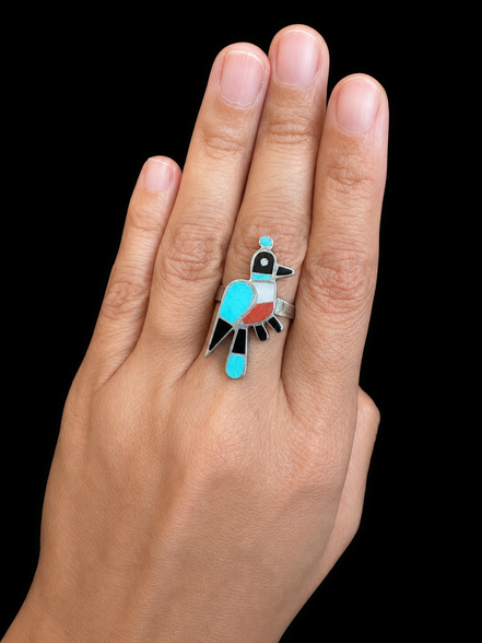 Zuni Style Inlay Shell Stone and Sterling Quail Ring