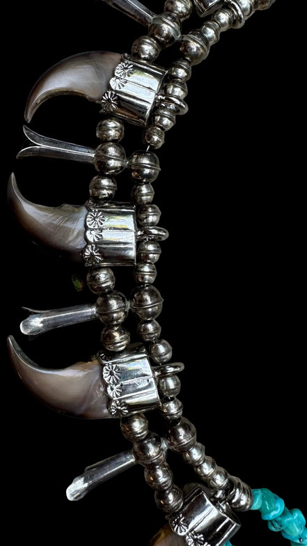 Vintage Sterling Silver Bear Claw Necklace with Turquoise and Navajo Style Pearls