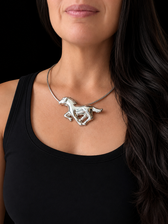 Vintage Taxco Sterling Silver Running Horse Pendant/Brooch with Solid Sterling Woven Collar Necklace