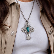 Vintage Sterling Silver Large Turquoise Cross Pendant Necklace Signed