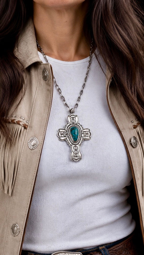 Vintage Sterling Silver Large Turquoise Cross Pendant Necklace Signed