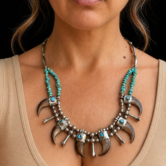 Vintage Sterling Silver Bear Claw Necklace with Turquoise and Navajo Style Pearls