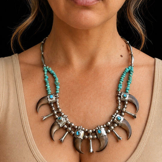 Vintage Sterling Silver Bear Claw Necklace with Turquoise and Navajo Style Pearls
