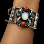 Vintage Signed Sterling Silver Mother of Pearl, Turquoise & Coral Cuff Bracelet Signed