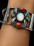 Vintage Signed Sterling Silver Mother of Pearl, Turquoise & Coral Cuff Bracelet Signed