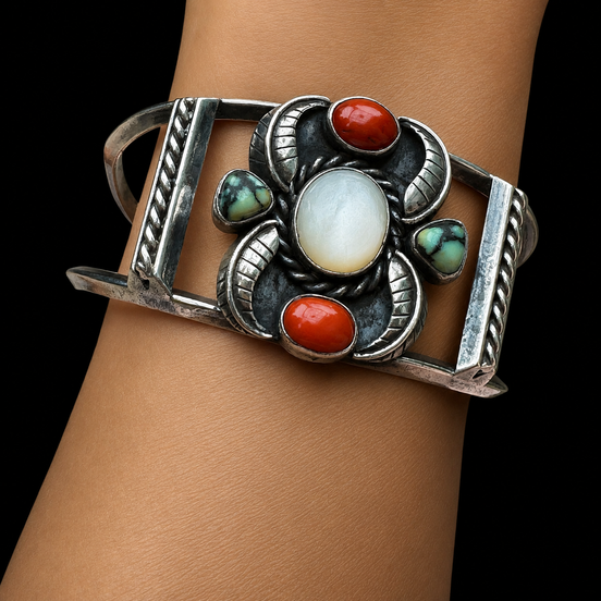 Vintage Signed Sterling Silver Mother of Pearl, Turquoise & Coral Cuff Bracelet Signed