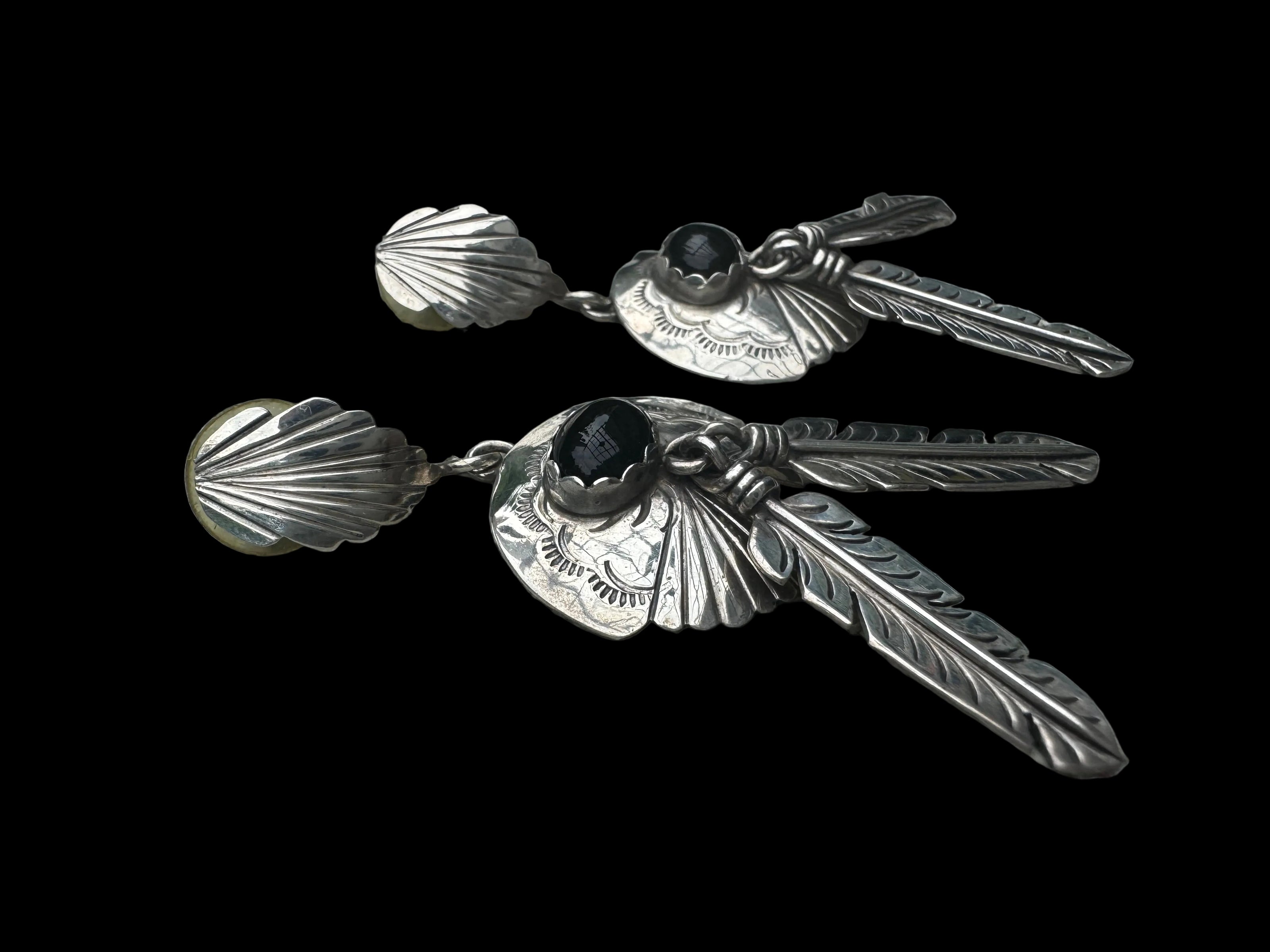 Sterling Silver Black Onyx Feather Dangle Earrings