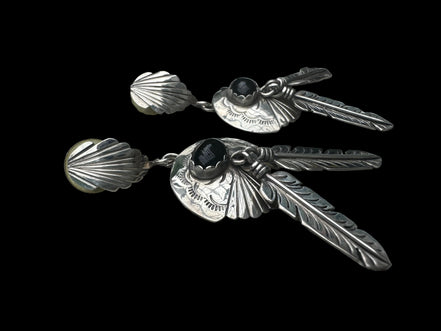 Sterling Silver Black Onyx Feather Dangle Earrings