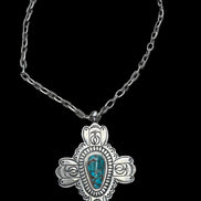 Vintage Sterling Silver Large Turquoise Cross Pendant Necklace Signed