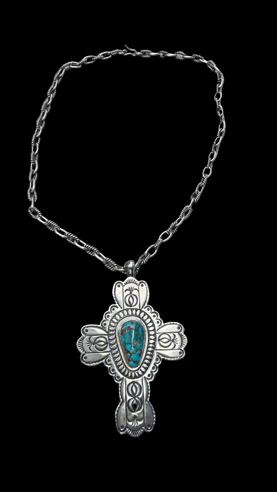 Vintage Sterling Silver Large Turquoise Cross Pendant Necklace Signed