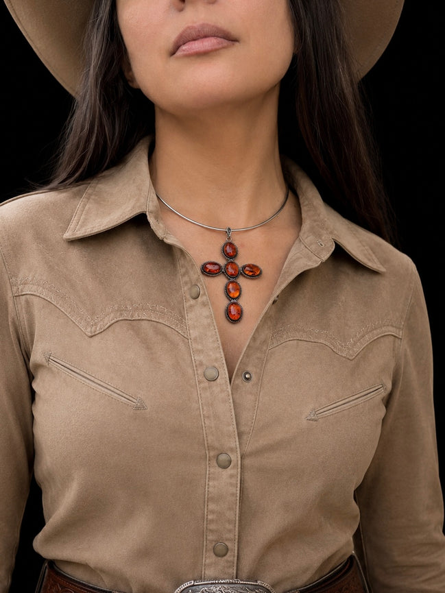 Large Vintage Amber and Sterling Cross with Omega Sterling Chain