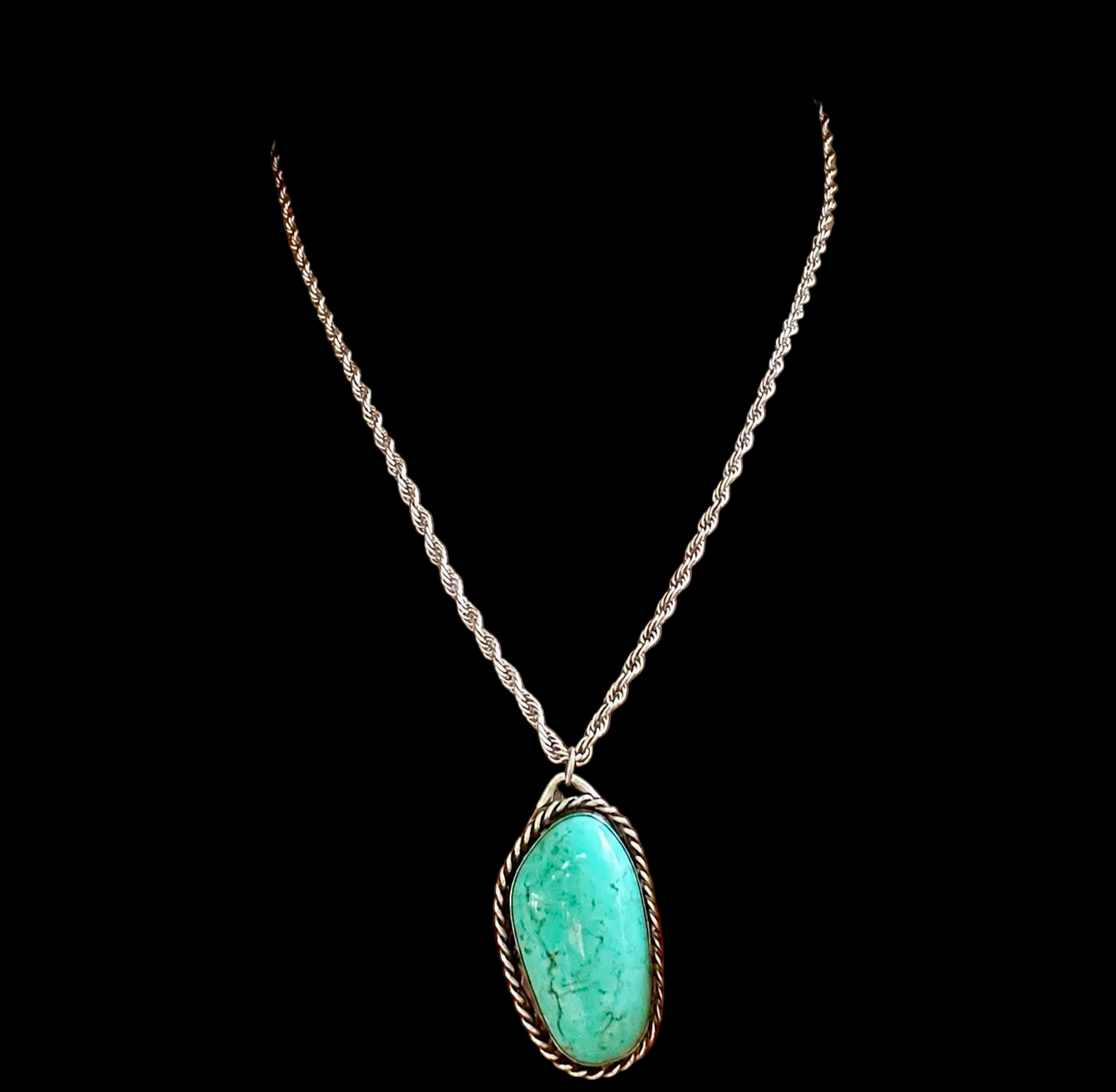 Aqua Colored Turquoise and Sterling Pendant on Rope Chain, Signed
