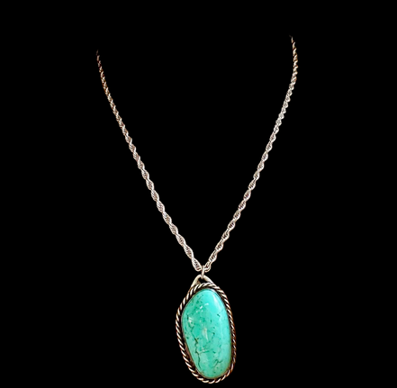 Aqua Colored Turquoise and Sterling Pendant on Rope Chain, Signed