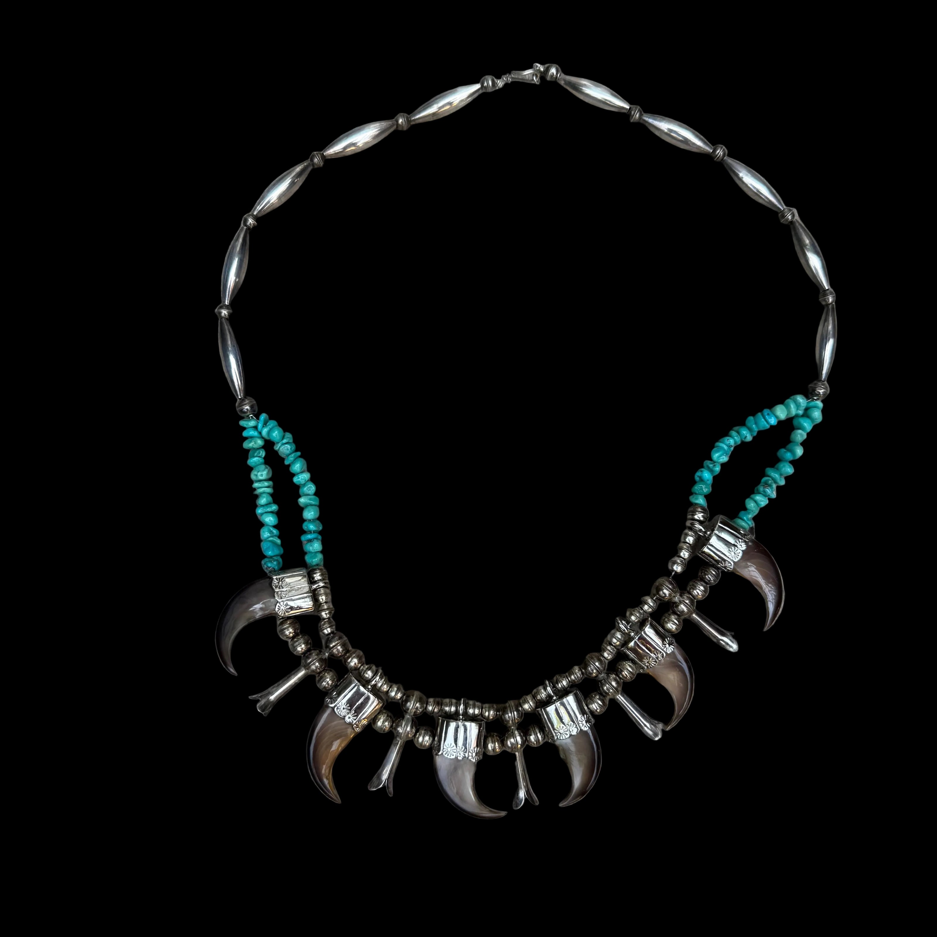 Vintage Sterling Silver Bear Claw Necklace with Turquoise and Navajo Style Pearls