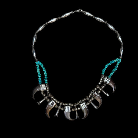 Vintage Sterling Silver Bear Claw Necklace with Turquoise and Navajo Style Pearls