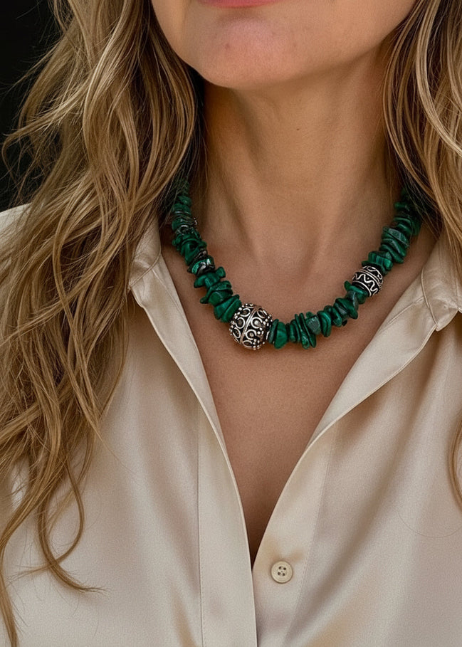 Southwestern Malachite & 900 Silver Statement Necklace