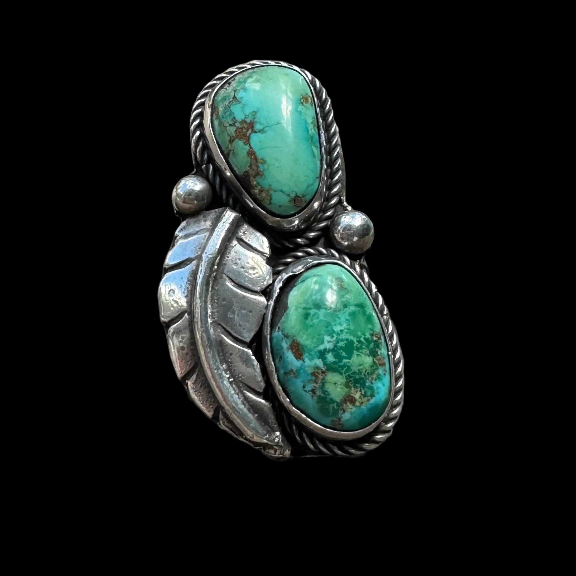 Two Green Turquoise Stone and Feather Ring