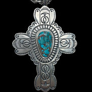 Vintage Sterling Silver Large Turquoise Cross Pendant Necklace Signed