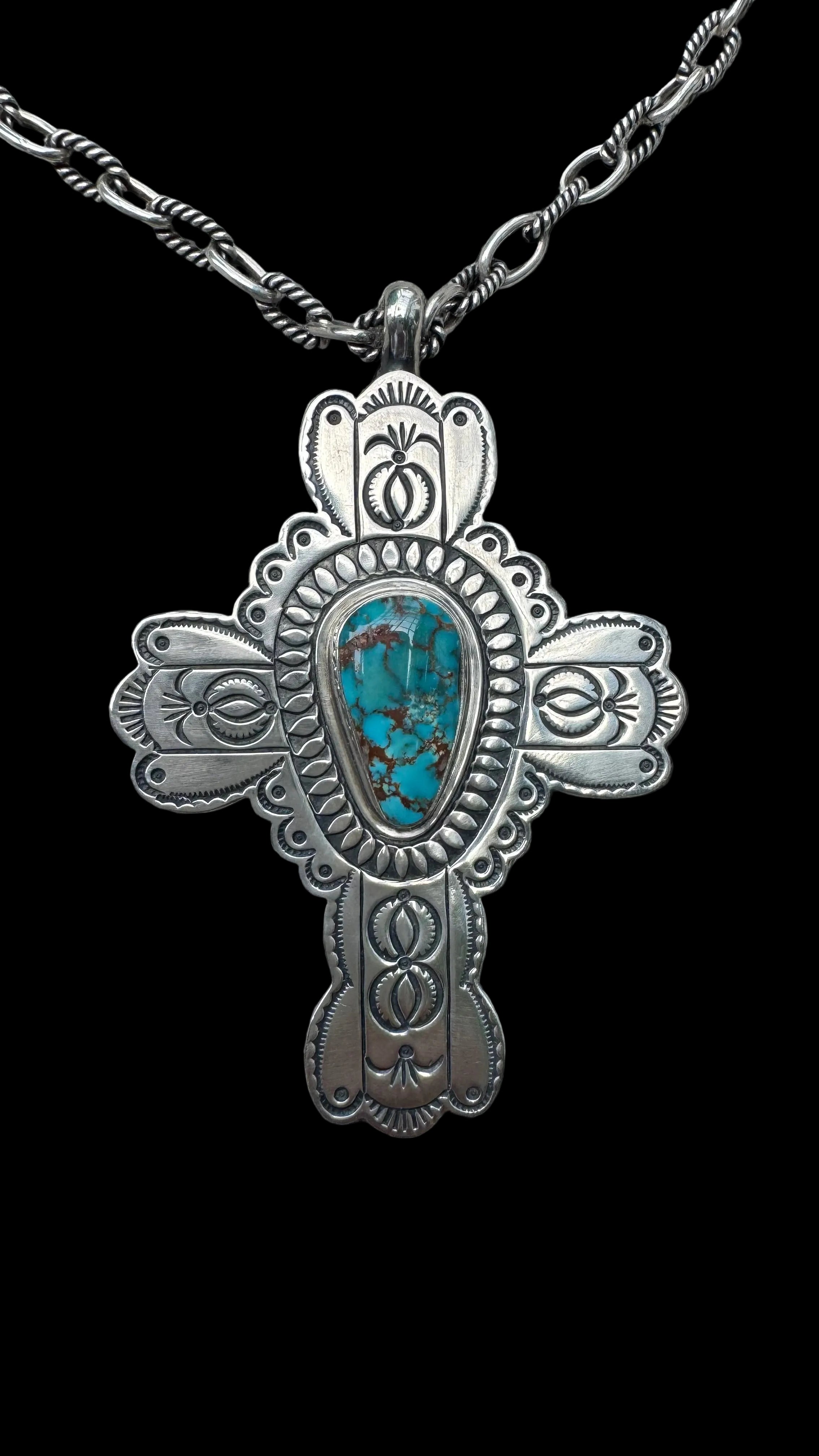 Vintage Sterling Silver Large Turquoise Cross Pendant Necklace Signed