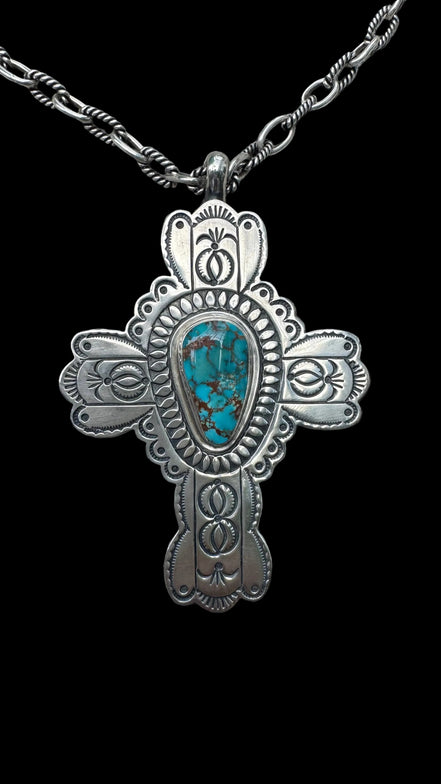 Vintage Sterling Silver Large Turquoise Cross Pendant Necklace Signed