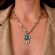 Vintage Southwestern Sterling Silver & Turquoise Handmade Bead and Shield Necklace