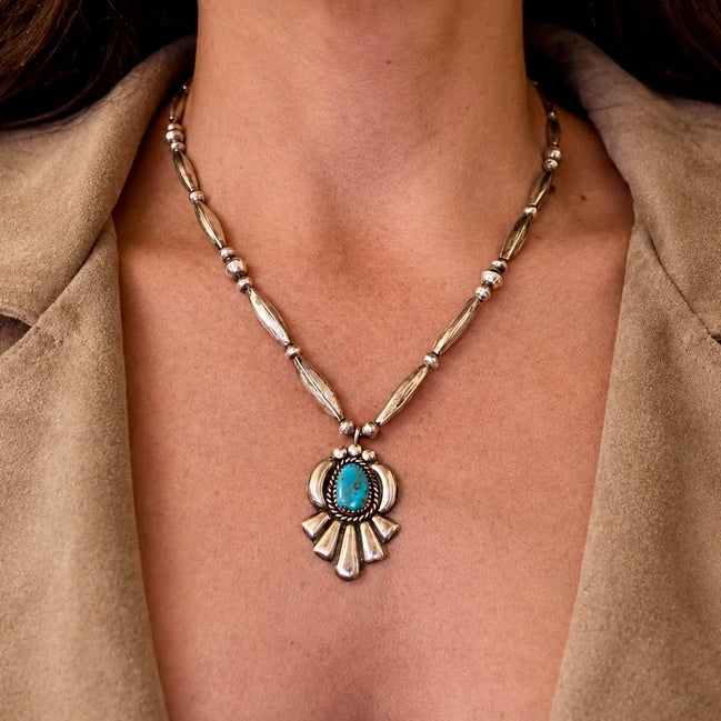 Vintage Southwestern Sterling Silver & Turquoise Handmade Bead and Shield Necklace