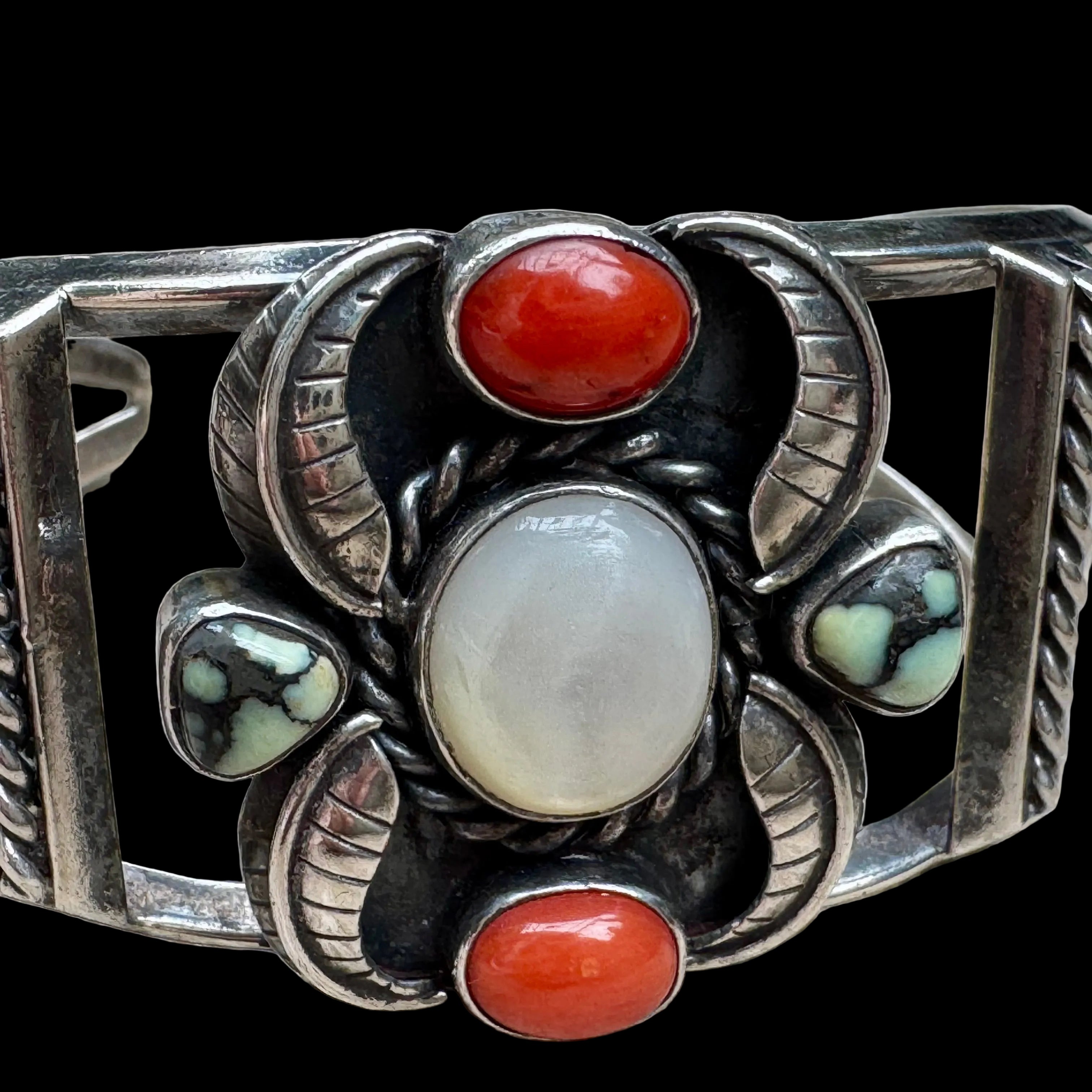 Vintage Signed Sterling Silver Mother of Pearl, Turquoise & Coral Cuff Bracelet Signed
