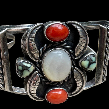Vintage Signed Sterling Silver Mother of Pearl, Turquoise & Coral Cuff Bracelet Signed