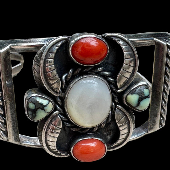 Vintage Signed Sterling Silver Mother of Pearl, Turquoise & Coral Cuff Bracelet Signed