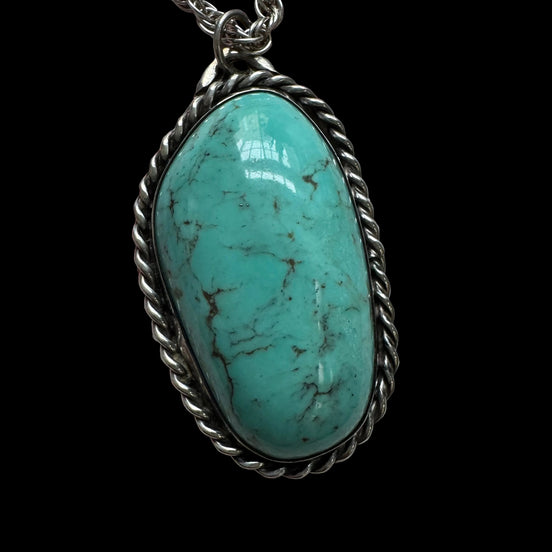 Aqua Colored Turquoise and Sterling Pendant on Rope Chain, Signed