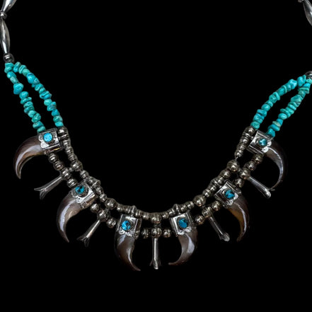 Vintage Sterling Silver Bear Claw Necklace with Turquoise and Navajo Style Pearls