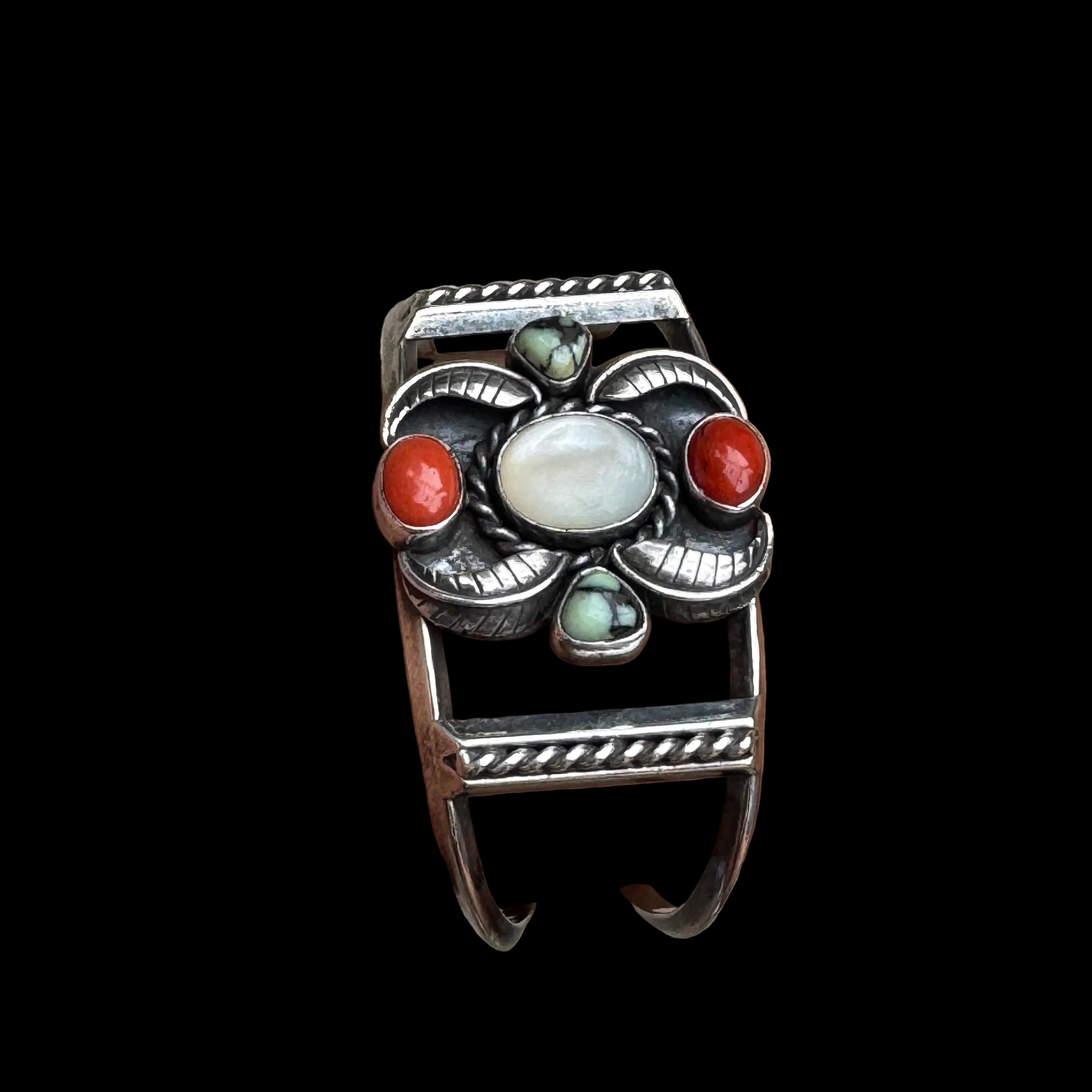 Vintage Signed Sterling Silver Mother of Pearl, Turquoise & Coral Cuff Bracelet Signed