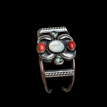 Vintage Signed Sterling Silver Mother of Pearl, Turquoise & Coral Cuff Bracelet Signed