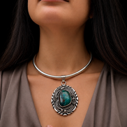 Vintage Sterling Silver Chrysocolla Pendant on Sterling Neck Collar