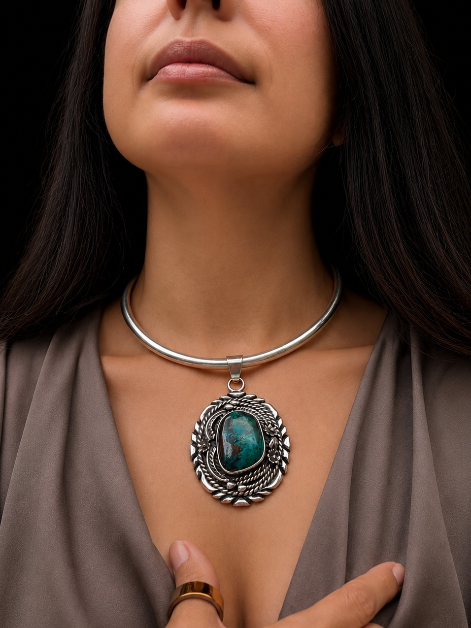 Vintage Sterling Silver Chrysocolla Pendant on Sterling Neck Collar