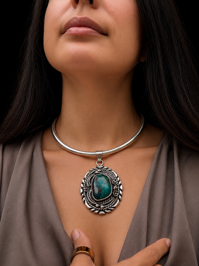 Vintage Sterling Silver Chrysocolla Pendant on Sterling Neck Collar