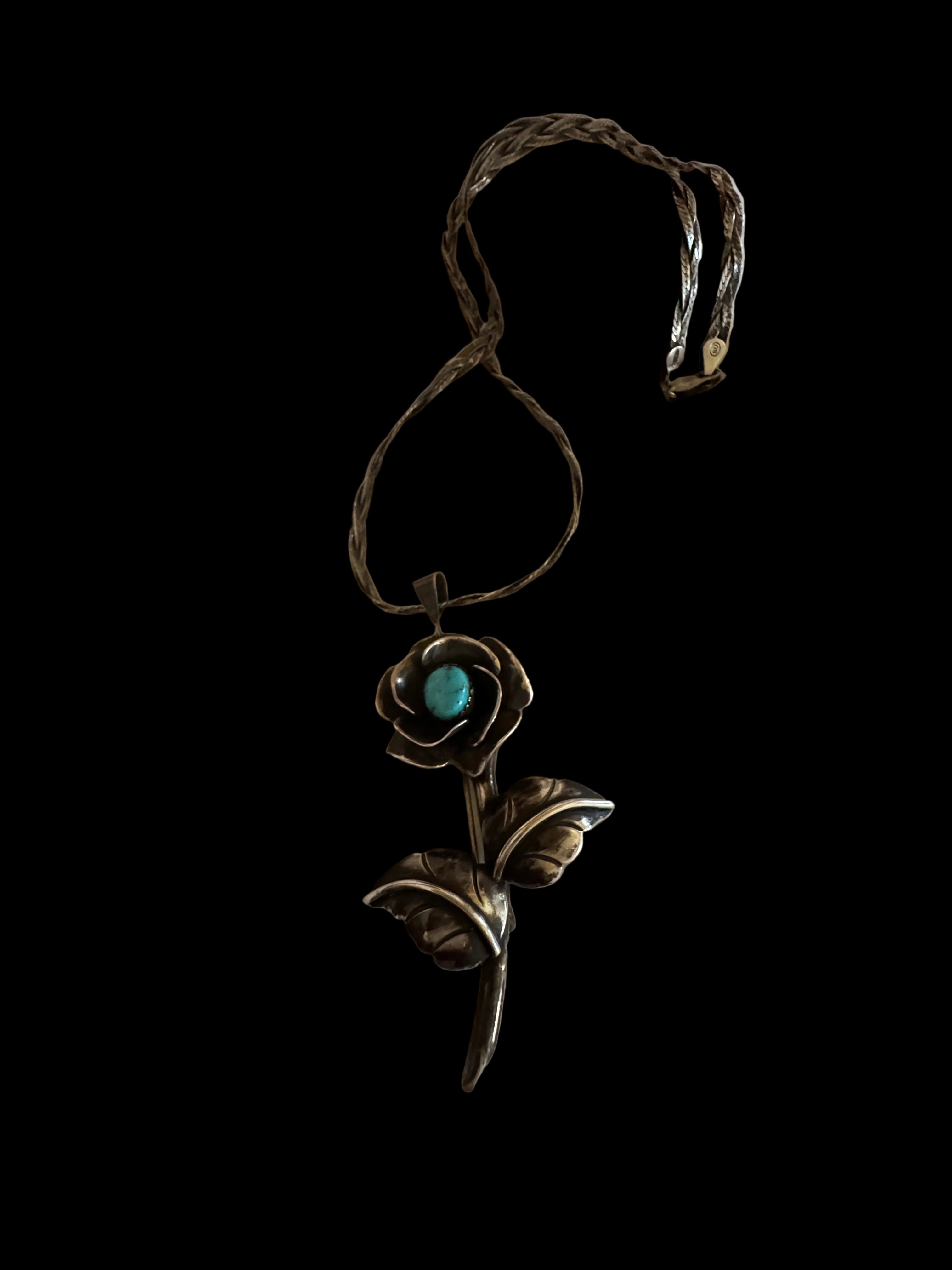 Vintage Sterling Silver Turquoise Flower Pendant and Brooch Necklace, Signed “M”