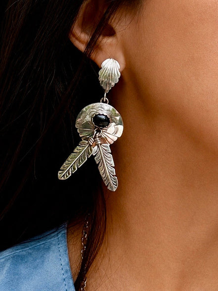 Sterling Silver Black Onyx Feather Dangle Earrings