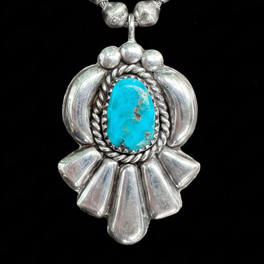 Vintage Southwestern Sterling Silver & Turquoise Handmade Bead and Shield Necklace