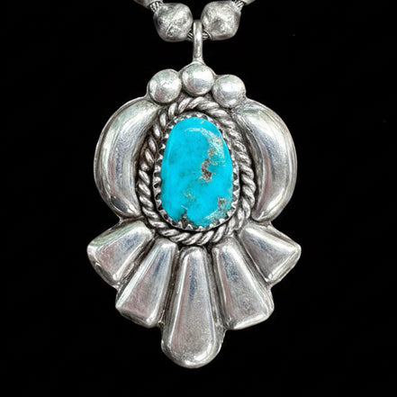Vintage Southwestern Sterling Silver & Turquoise Handmade Bead and Shield Necklace