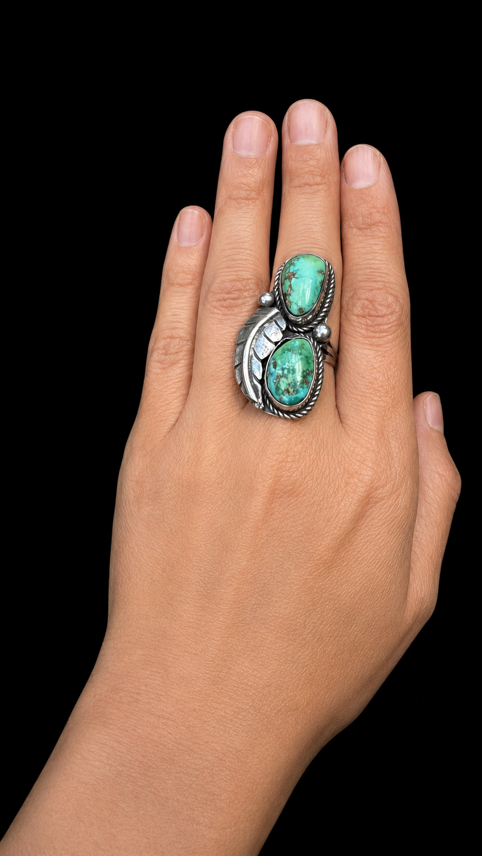 Two Green Turquoise Stone and Feather Ring