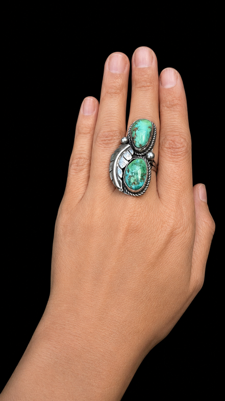 Two Green Turquoise Stone and Feather Ring