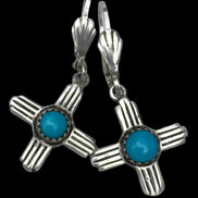 Vintage Sterling Silver & Turquoise Zia Sun Dormeuse Earrings – Signed FP