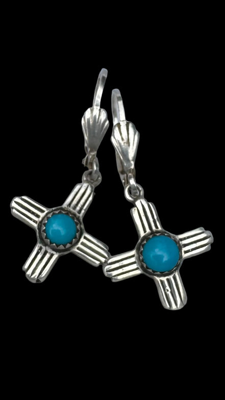 Vintage Sterling Silver & Turquoise Zia Sun Dormeuse Earrings – Signed FP