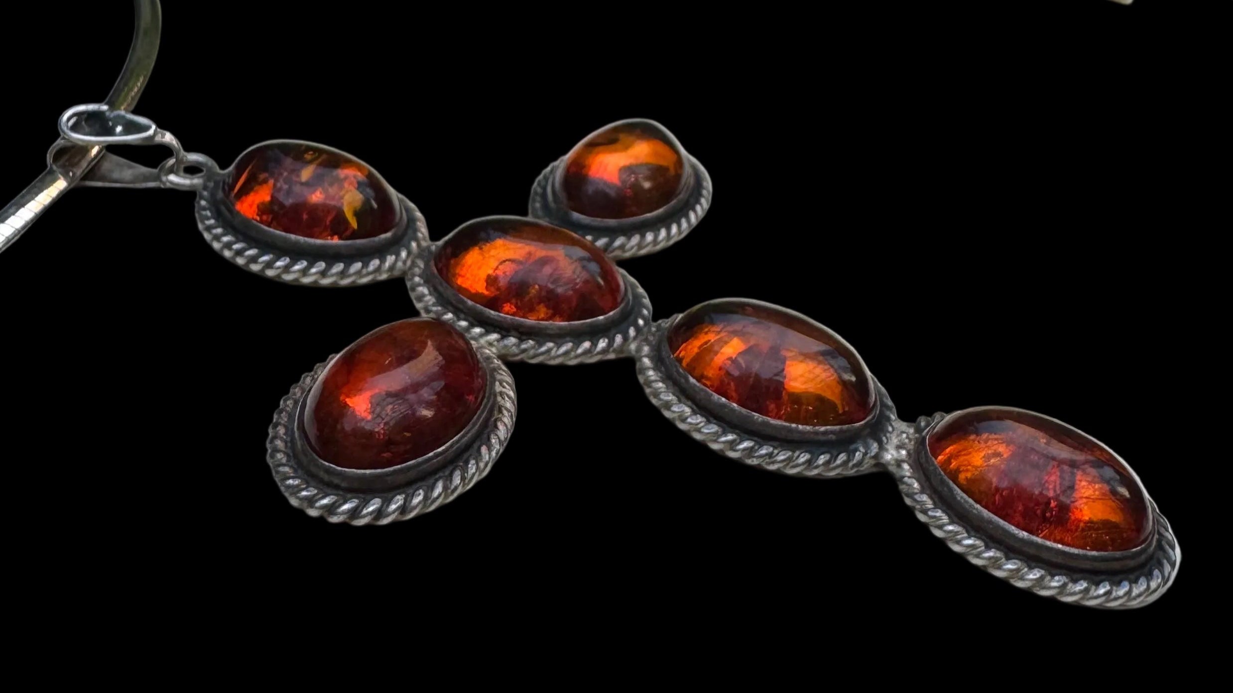Large Vintage Amber and Sterling Cross with Omega Sterling Chain