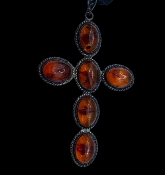 Large Vintage Amber and Sterling Cross with Omega Sterling Chain