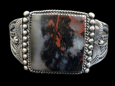 Vintage Navajo Fred Harvey Era Petrified Wood & Quartz Sterling Cuff
